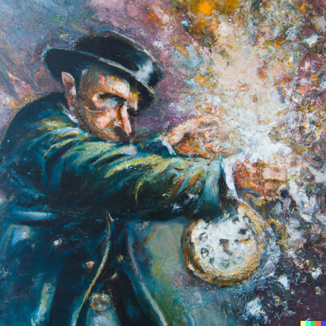 Expressionist oil painting of a man holding a pocket watch